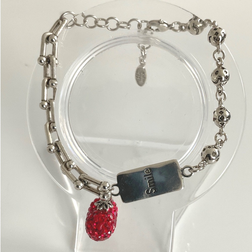 Bracelet Silver Tone Red Heart Rhinestone Smile Lobster Clasp Charm New